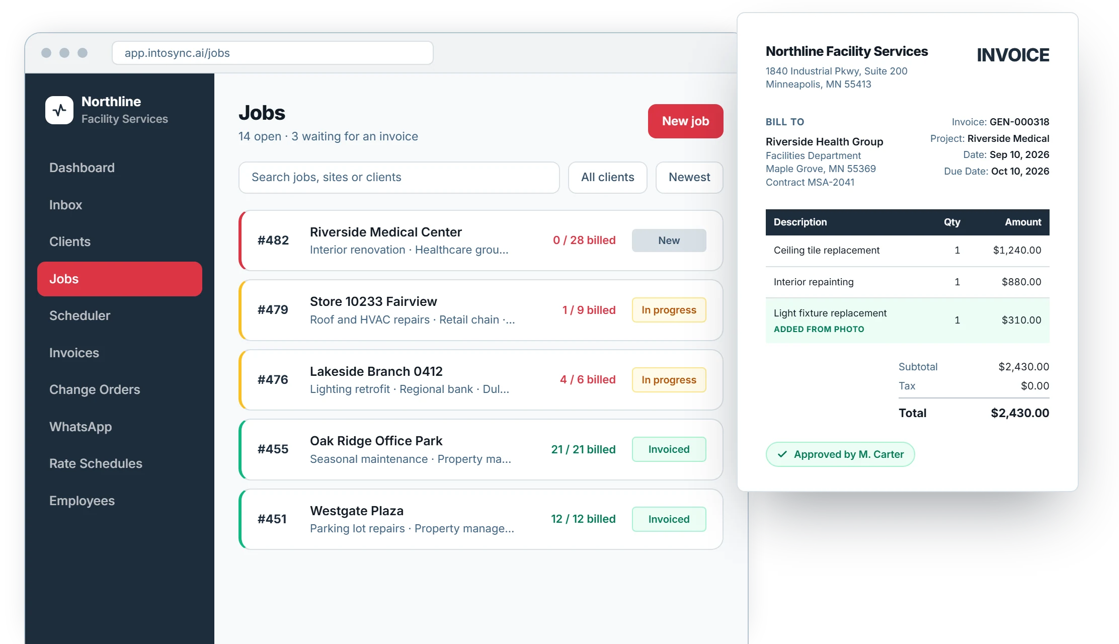 The IntoSync AI jobs list showing how many items on each job are billed, next to an approved invoice.